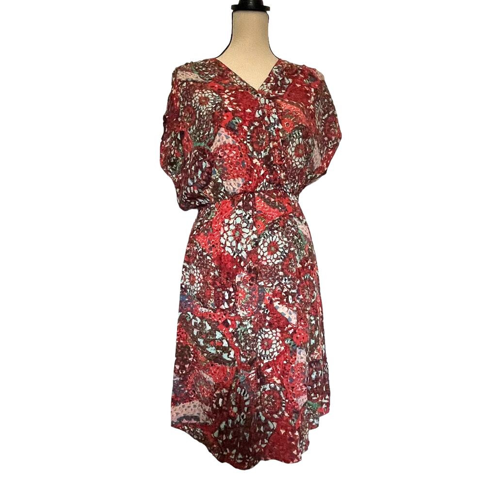 CAbi Mosaic Print V-neck Boho Dress Size M Garden Global Retro 70s Artsy Tribal